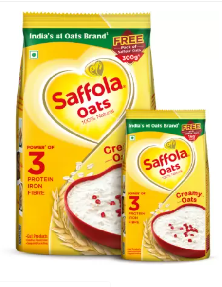 Saffola Rolled Oats,Creamy 100% Natural, High Protein & Fibre, Healthy Cereal, Pouch  (300g SAFFOLA OATS Free)  (1 kg)