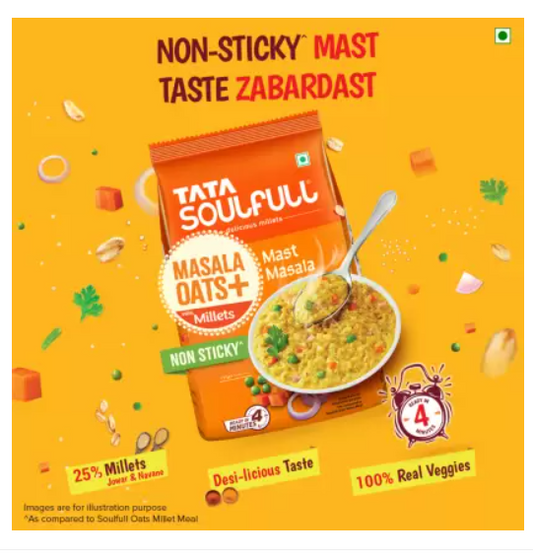 Tata Soulfull Masala Oats+, Mast Masala, 25% Millets, Real Veggies, Non Sticky, Healthy Snack Pouch  (500 g)