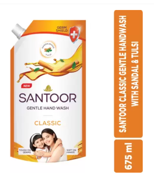 Santoor by Wipro Classic Gentle with Goodness of Sandalwood & Tulsi Hand Wash Pouch  (675 ml)