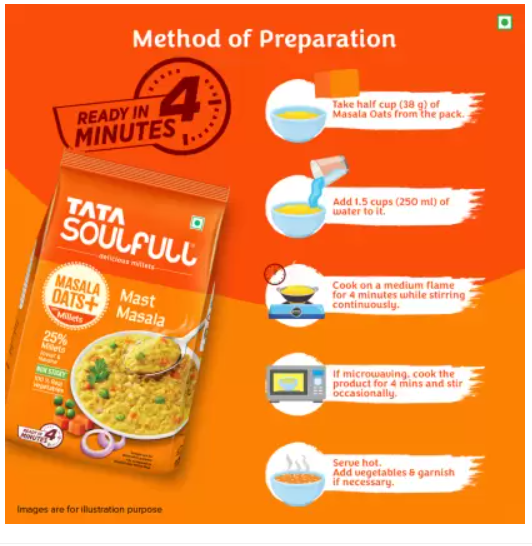 Tata Soulfull Masala Oats+, Mast Masala, 25% Millets, Real Veggies, Non Sticky, Healthy Snack Pouch  (500 g)