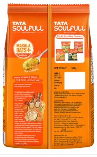 Tata Soulfull Masala Oats+, Mast Masala, 25% Millets, Real Veggies, Non Sticky, Healthy Snack Pouch  (500 g)